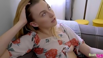 Spoiled blonde babe in a floral shirt, Alexa Grace likes to get hammered on the couch