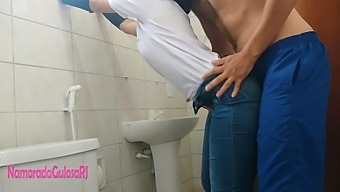 Brunette Babe Gets Cumshot Surprise In Hidden Bathroom